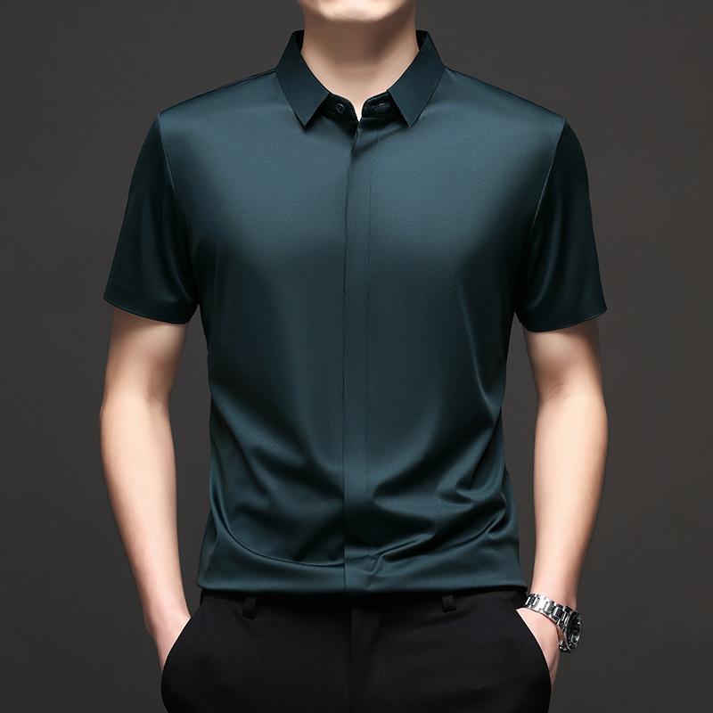 Ics Silk Мужская рубашка с коротким рукавом Деловой кэжуал Стрейч Однотонная Для коммерческих дел Повседневный топ
