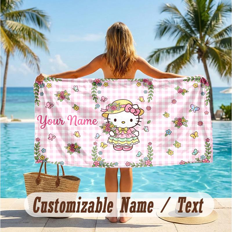 Custom Text Beach Towel, Soft Absorbent Swimming Multi-use TowelHello Kitty