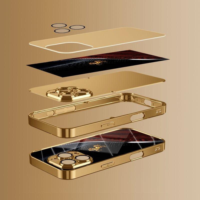 Golden Horse Pattern Gold Metallic Paint Glass Phone Case For 17 11 12 13 14 15 16 Pro Max 15 Plus 17Air 16E Cover