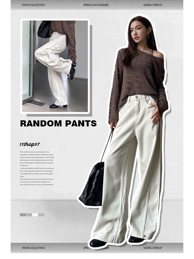 Женские джинсы цвета экрю с высокой посадкой в стиле ретро и широкими штанинами, осень/зима 2025: Свободные, стройнящие брюки прямого кроя длиной до пола.