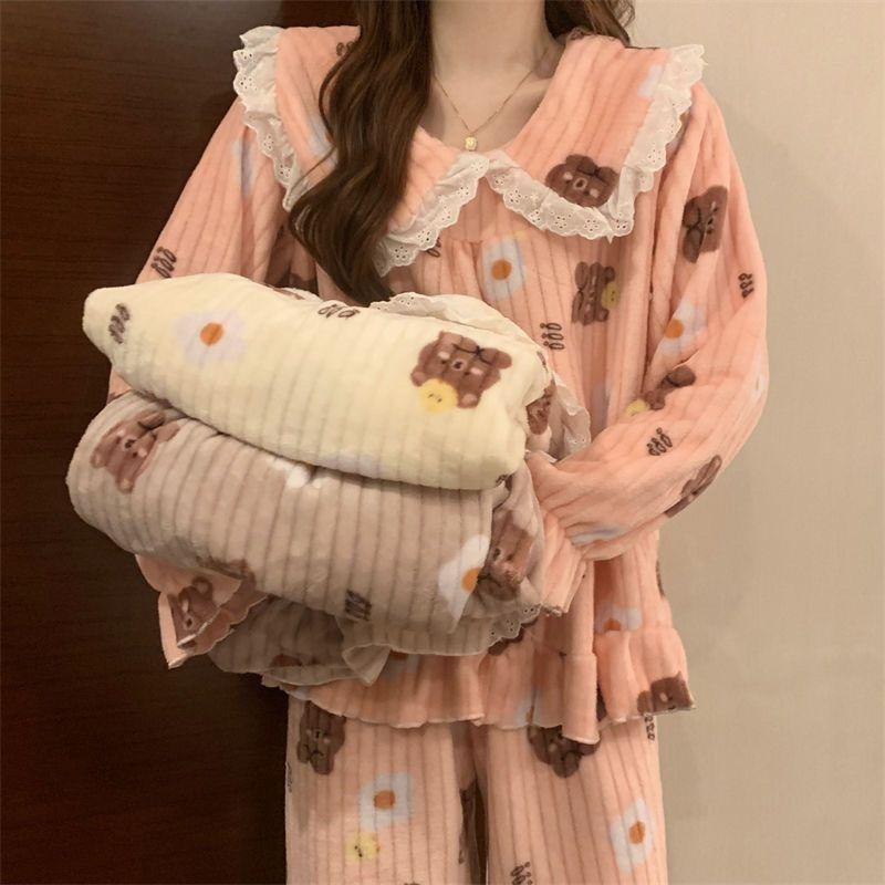 Женская пижама с принтом медведя, корейская милая принцесса, зимняя теплая свободная повседневная домашняя одежда, комплект из двух предметов с кукольным воротником и длинными рукавами