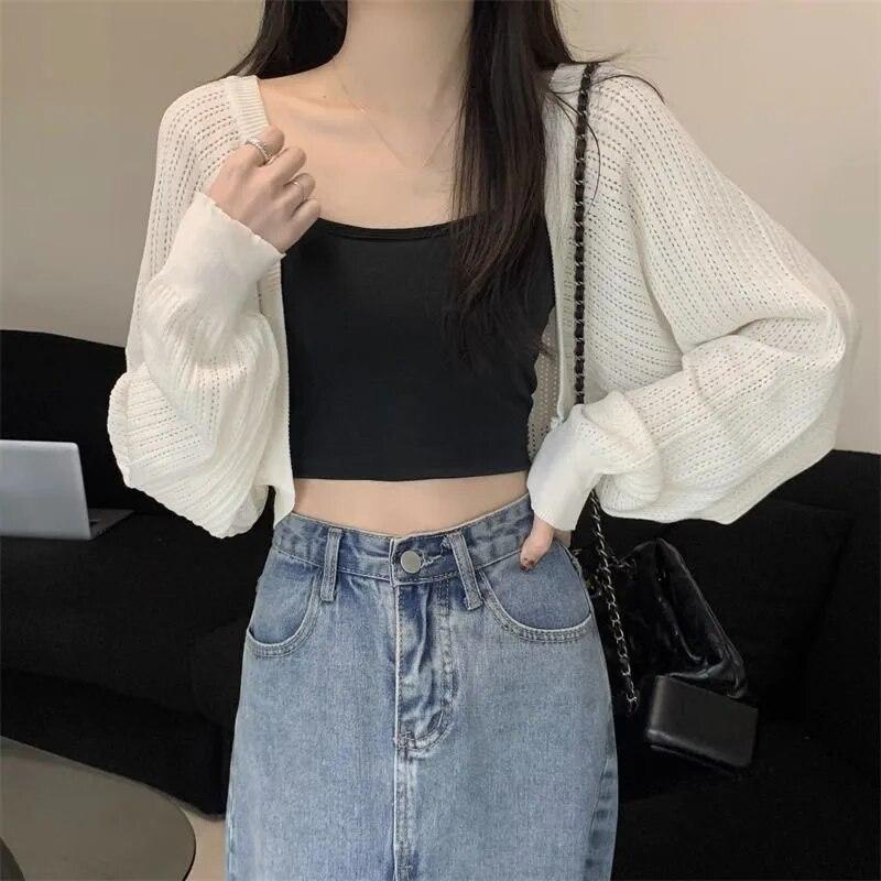 White Hollowed Out Knitted Cardigan Sweet Versatile Women Short Top Loose Shawl Thin Coat New Fashion Commuting Spring Autumn