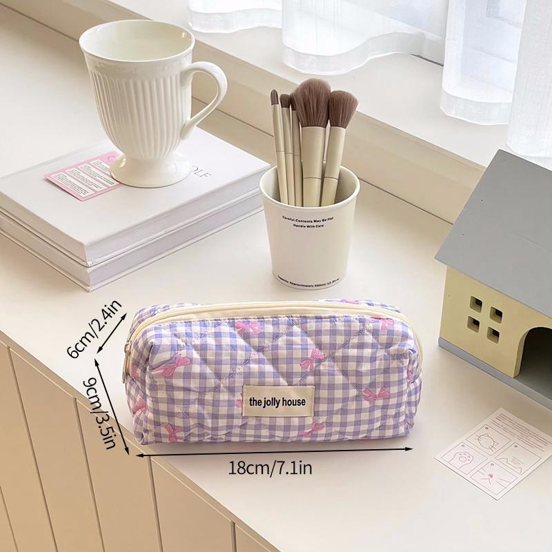 High Appearance Level Large Capacity Pen Bag New Plaid Bow Storage Bag Makeup Bag Girl Pencil Case