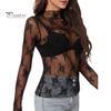 Женские топы с воротником-стойкой, длинными рукавами, облегающие блузки, сексуальные прозрачные сетчатые рубашки с цветочной вышивкой
