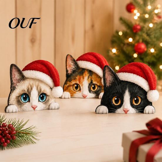 Cute Cat Present Shelf Sitter, Wooden Christmas Hat Peeking Desk Figurine, Funny Animal Scene Accessories Sign, Lover Gift for Holiday Home