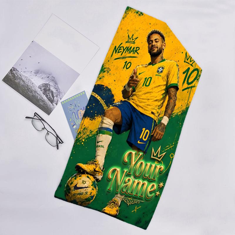 1pc Brazilian football player Beach Towel with Custom Name, Beach and Seaside Swimming Pool Equipment, Fashion Pattern, Rectangular, Travel Essential