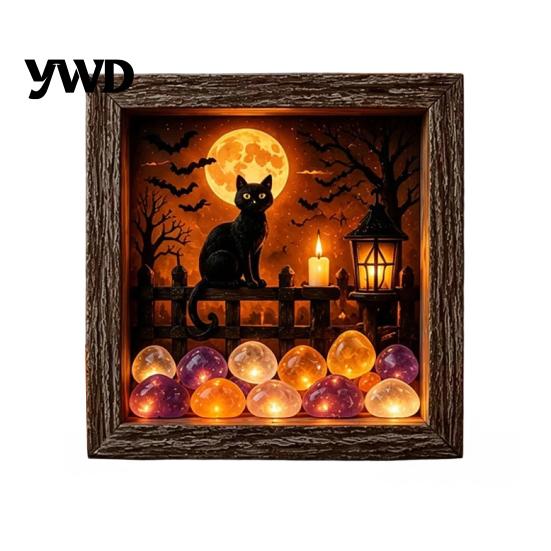 Gothic Bedroom Decor DIY Lighted Halloween Ghost Shadow Box Kit, Wooden Frame LED Warm Light, Style Interior Lighting Memory with Crystal Glass Panel,