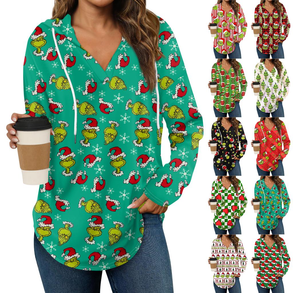 Женские модные худи с V-образным вырезом, длинным рукавом, рождественским принтом, кулиской, повседневные, свободные, пуловерные топы