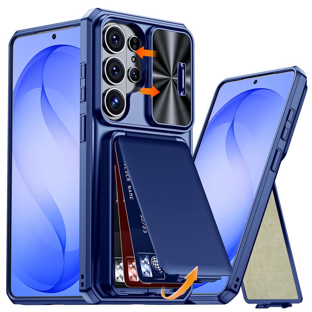 Чехол-кошелек синего цвета для телефона Samsung Galaxy S26 Ultra со слотом для карт, выдвижной крышкой для камеры и подставкой, противоударный PC+TPU