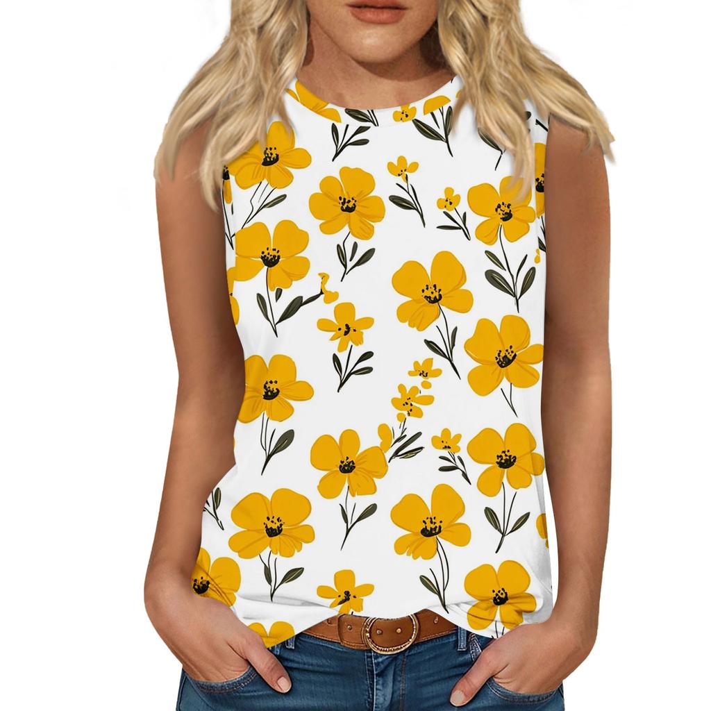 Women's Casual Round Neck Printed Sleeveless Vest Tops Vest