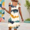 Women Plus Size V Neck Cold Shoulder Short Sleeve Printed Blue Curved Hem Dress