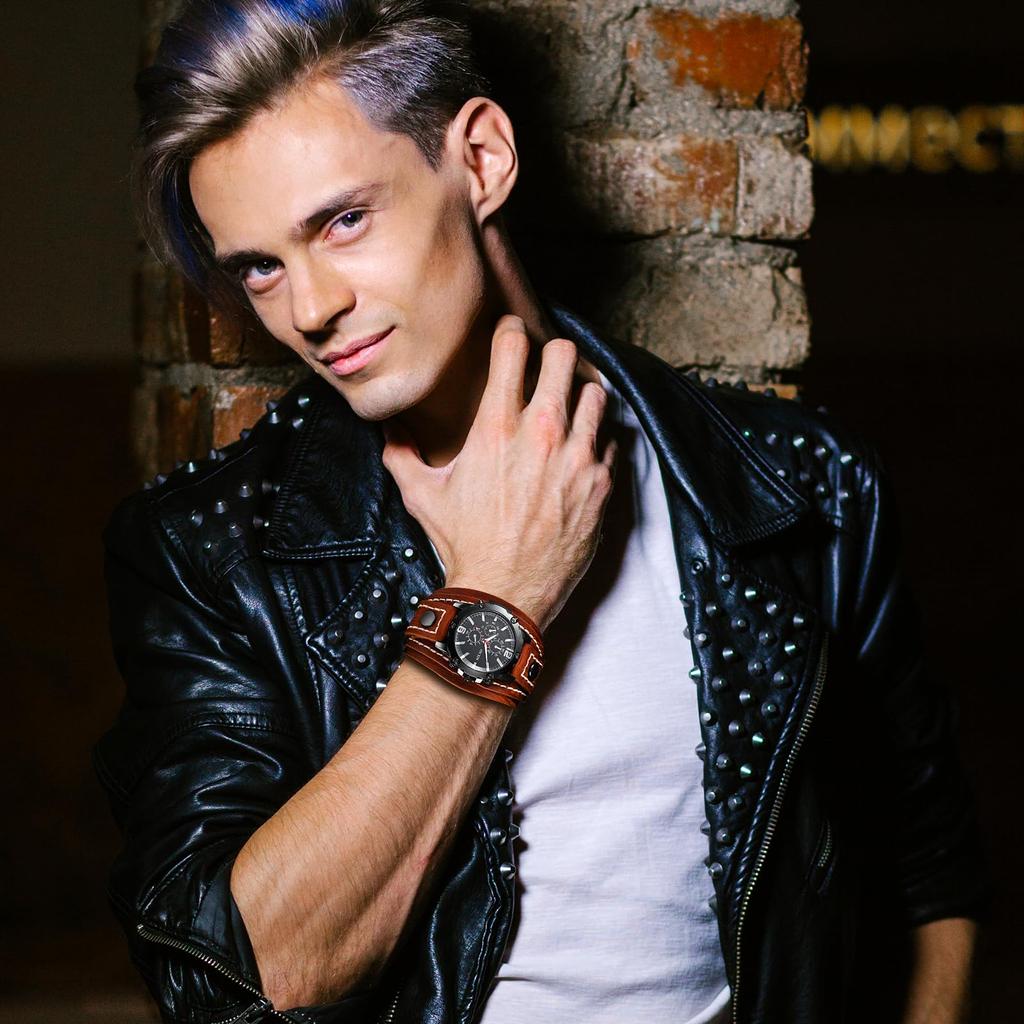 Часы Рок-панк браслет кожаный аналоговый водонепроницаемый ремень из натуральной кожи широкий стильный кварцевые часы модный аксессуар день рождения годовщина Рождество