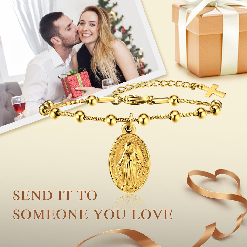 Rosary Bracelet Gold Plated Stainless Steel Religious Cross And Virgin Mary Prayer Bracelets Jewelrygifts For Women Girls