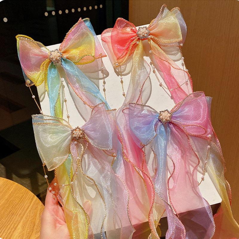 Шифоновые заколки для волос с бантом для маленьких девочек, красочные длинные ленты, детские заколки для волос, милая принцесса, детские аксессуары для волос, новый стиль