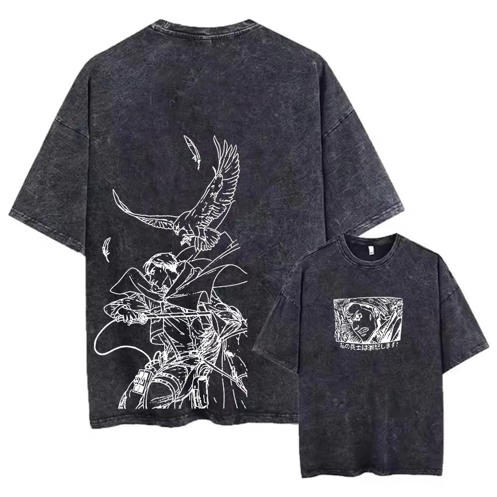 Y2K Streetwear Men Washed T-shirt Anime Attack on Titan Graphic Printed Vintage Harajuku T Shirt Men Daily Wear Cool Top