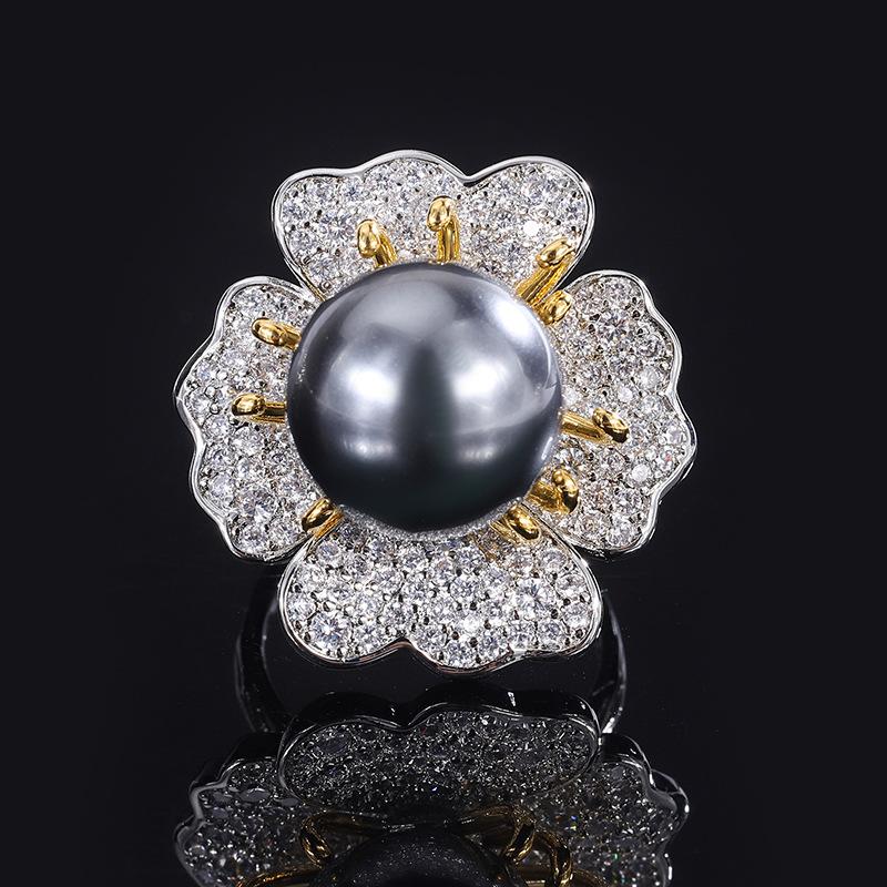 Ювелирные изделия Медное основание Позолоченное Инкрустированное золотом Белая бусина Светлый тычиночный бриллиант Инкрустированное кольцо 14 мм