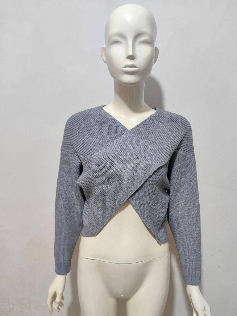 2025 Европейский и американский осенне-зимний кроп-топ с V-образным вырезом и перекрестной завязкой, пуловер, свитер, кардиган