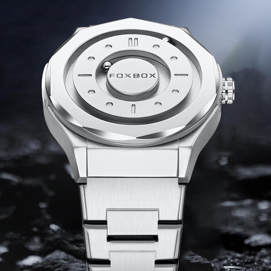 FOXBOX Men's Watches Stainless Steel Quartz Watch Creative Scrolling Pointer Magnetic Force Wrist Clock Relogios Masculino+Box