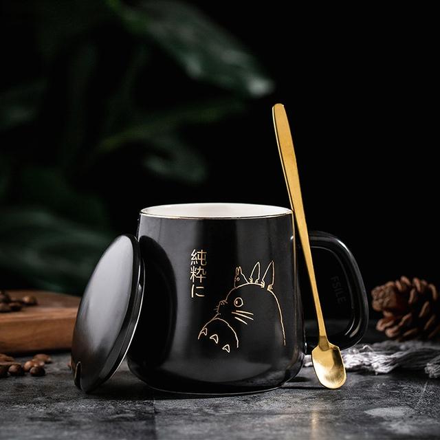 400ml New Product European Style Light Luxury Gold-painted Ceramic Coffee Mug with Lid Spoon Water Cup Cartoon Totoro Mug