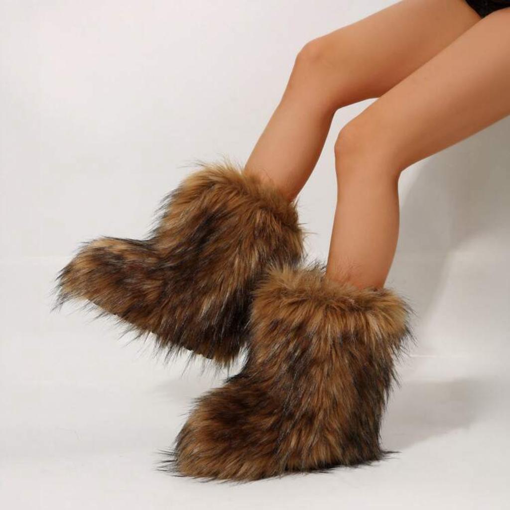 Women Faux Fur Boots Winter Fluffy Plush Warm Mid Calf Snow Boots Luxury Fashion Furry Boots Comfortable Outdoor Flat Shoes