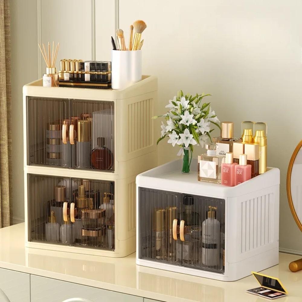 Foldable Cosmetics Storage Boxes Double Door Acrylic Skincare Organizer Case Household Multi Layer Stationery Organize Shelves