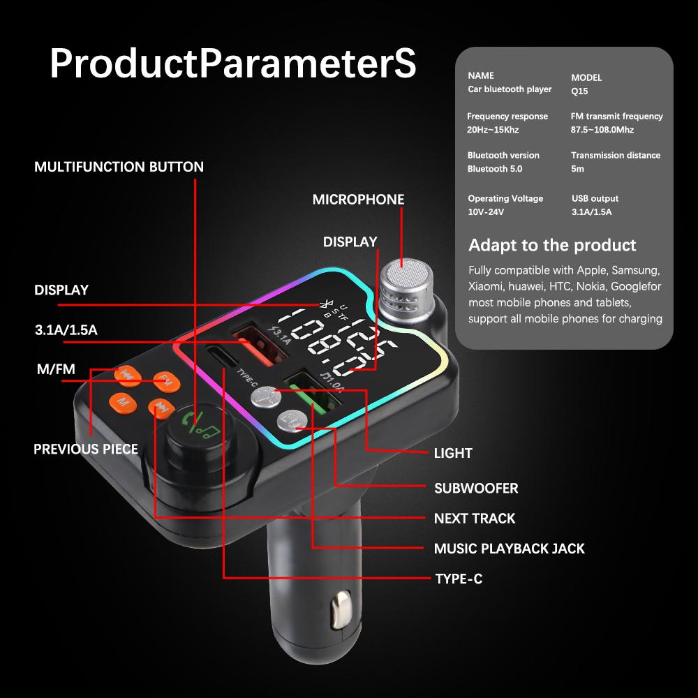 Автомобильные аксессуары MP3-плеер Handsfree Car Kit Wireless 5.0 FM Modulator Car Music Receiver FM Transmitter Type C Dual USB Car Charger