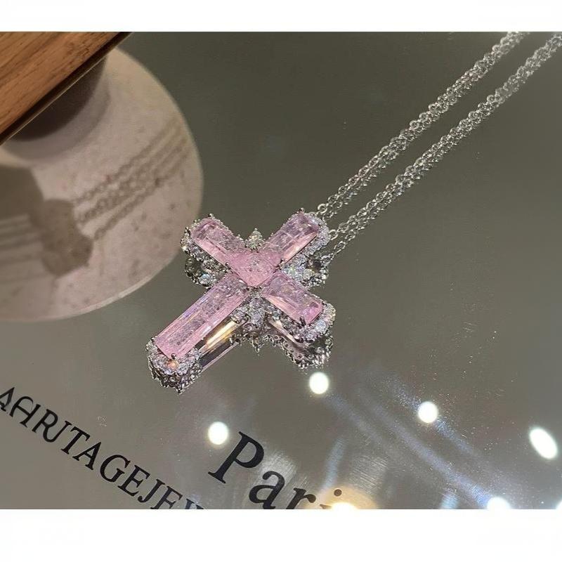 Y2K Themed Pink Broken Ice Zircon Cross Pendant Necklace Fun Stylish Jewelry for Women Retro Party Costume Match