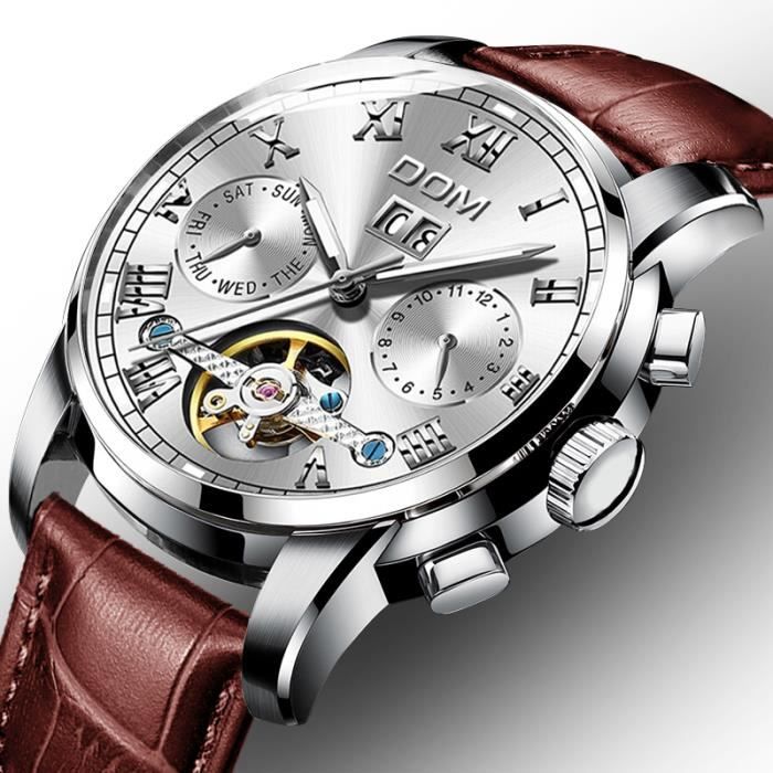 Montre homme mécanique automatique tourbillon calendrier étanche lumineux cuir classique cadeaux de Noël