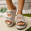 Women's Wide Width Fringe Slides, Double Buckle Platform Sandals, Rhinestone Summer Slippers for Women