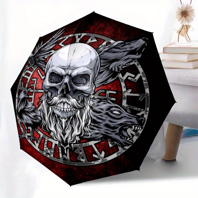 Viking Skull with Ravens and Wolves Umbrella, Cute Umbrella with Cute Design, Portable 3-Fold Compact Umbrella for Men & Women, Valentine's Day Mother