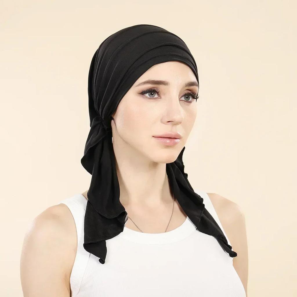 New Shimmer Pre-Tied Hat Women Muslim Hijab Turban Long Tail Headscarf Beanies Bonnet Hair Loss Chemo Cap Head Wrap Bandanas