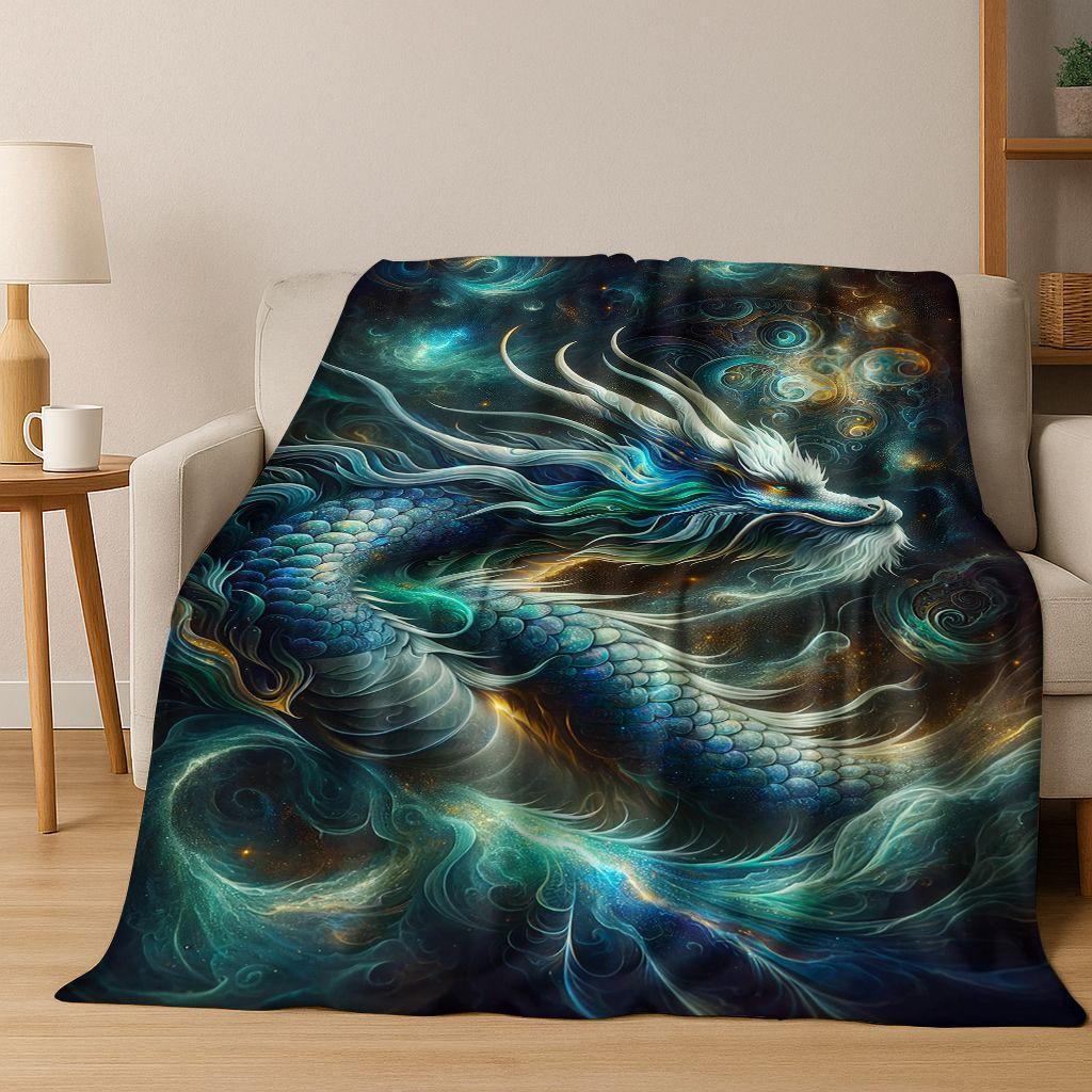 Magic Dragon Mythology Art Chinese Loong Cartoon Flannel Blanket,Cozy Soft Throw Blanket for Home Bedroom Bed Sofa Cover Kid