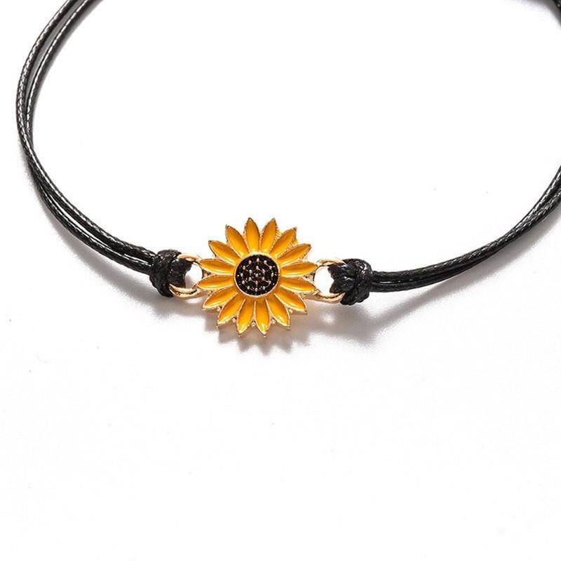 Sunflower Daisy Alloy Friendship Bracelet with Wax Thread Woven Design
