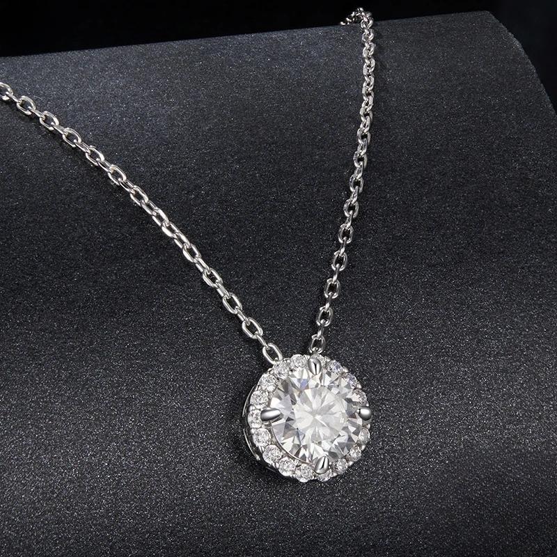 Sterling Silver Round Halo Moissanite Necklace, White Gold Plated Classic Elegant Necklace Engagement Jewellry Gift