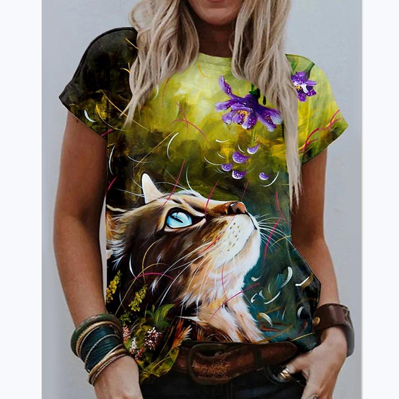 Модные футболки для женщин Harajuku повседневные топы 3D Kawaii Cat Printing Oversize женские забавные футболки с коротким рукавом летние топы 2024