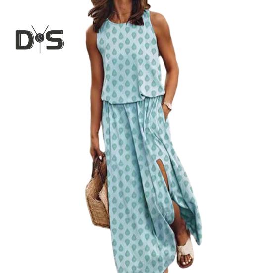 Женское платье макси без рукавов, повседневное, с круглым вырезом, эластичной талией, разрезом, длинное платье с карманом, летний пляжный сарафан для отдыха