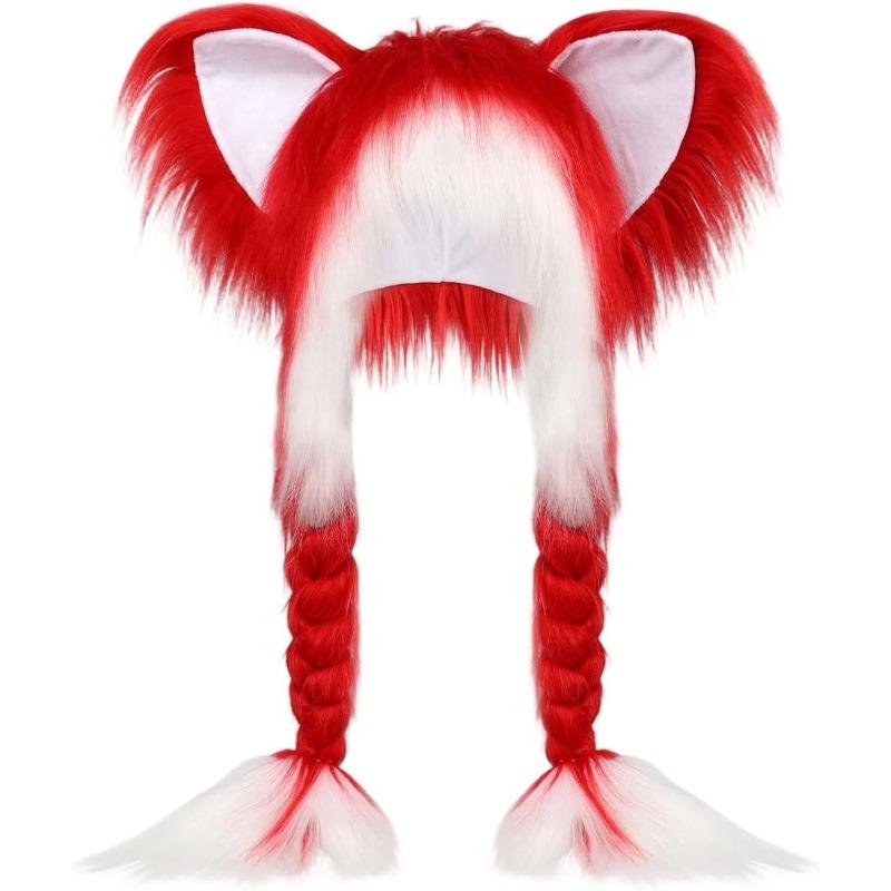 Cute Plush Cat Hat, Soft Furry Animal Ear Hat with Braids Winter Warm Earmuffs Head Mask Cosplay Accessory