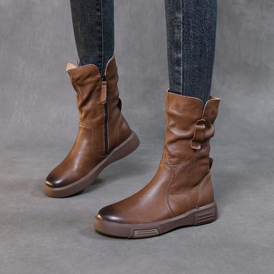 Мода Мода Женские Сапоги Осень Зима Плюшевые Теплые Сапоги до Середины Икры Круглый Носок Молния Плиссированные Толстая Подошва Кожа Хлопок Сапоги