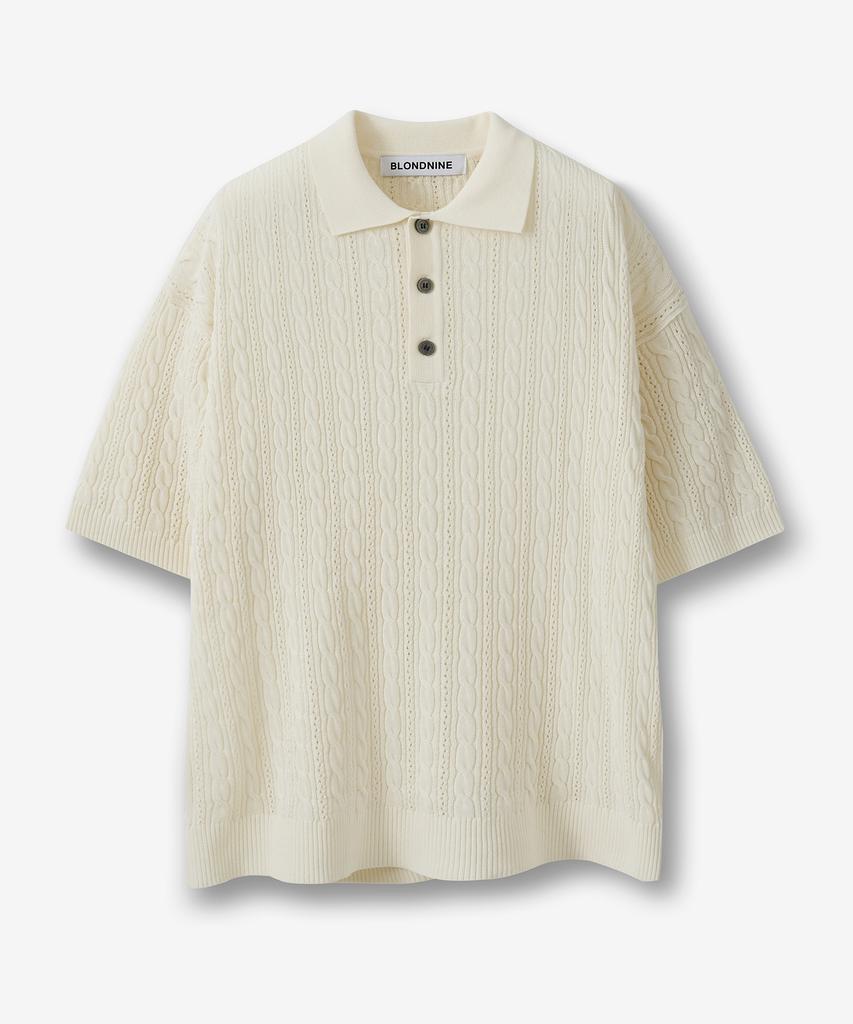 BLOND9 Cable Punched Short Sleeve Collared Knit_Cream