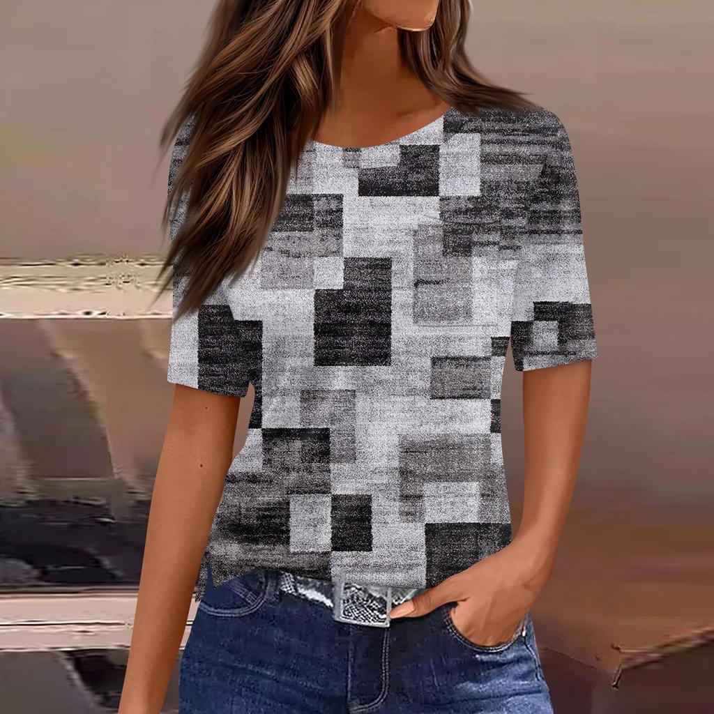 Футболки для женщин, плиссированные, с круглым вырезом, нарядные, повседневные, блузки с принтом, с коротким рукавом, летние топы, свободный крой
