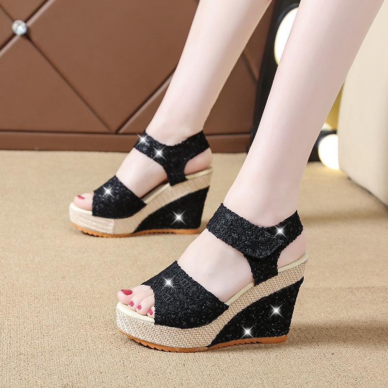 Летние босоножки с покатым каблуком «рыбий рот» на толстой подошве с высоким каблуком, женские туфли на липучках 35-41