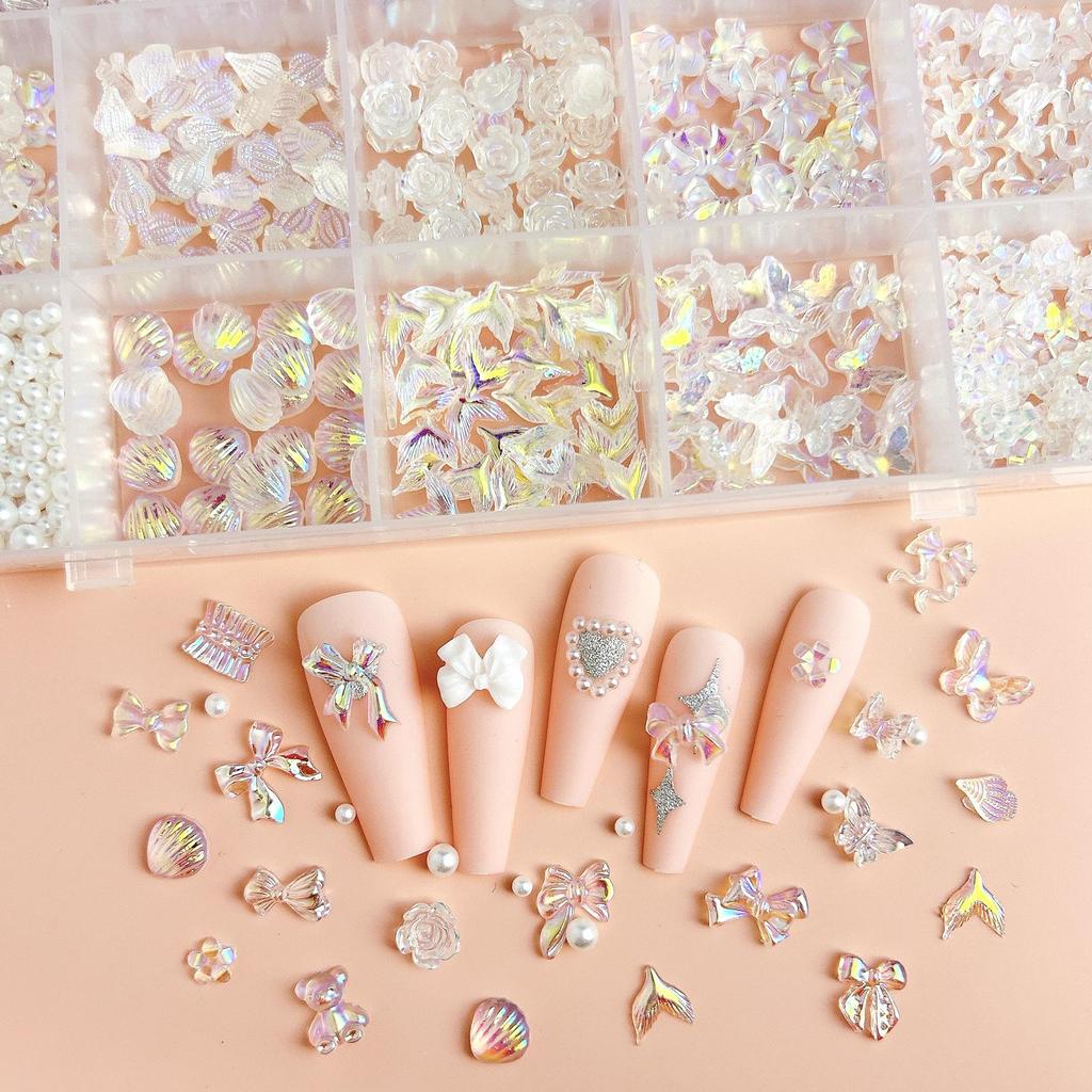 Cross-border Multi-grid Nail Art: Mix & Match Flowers, Butterflies, Hearts, Flat Back Rhinestones & Pearls