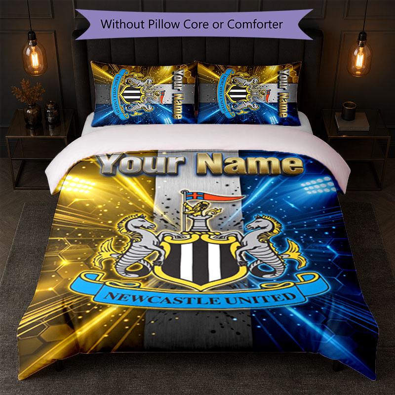 Newcastle United FC Custom Name Text Bedding Set 1 Duvet Cover+2 Pillowcases Soccer Logo Personalized Gift For Special Occasion Bedroom Decor