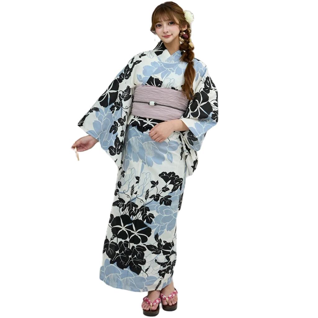 RAVIR Yukata Set with Morning and Gray Camellia Fluffy Obi and Geta One Size Fits All Women's 3-Piece White, Black, Glory, Patterns, Belt, Sandals,