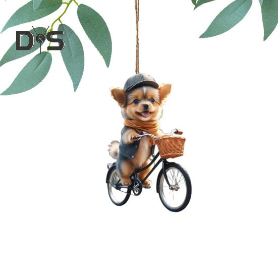 Украшения для рождественской елки, реалистичный щенок, едущий на велосипеде, подвеска, 2D, плоская, с двойной печатью, акриловое подвесное украшение для елки, домашний декор