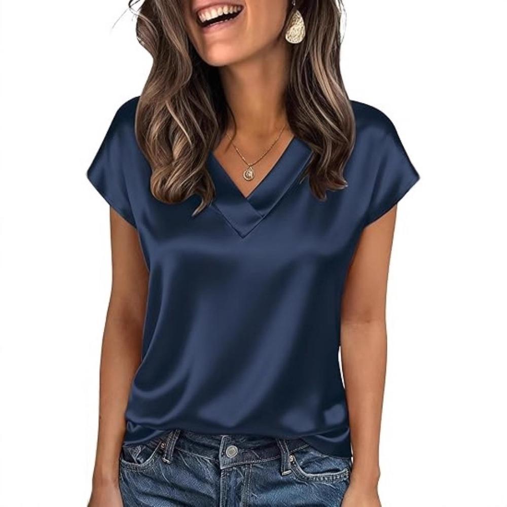 21-Color Women's Satin T-shirt Spring and Summer European and American Women's Clothing New V-neck Satin Casual Top Women