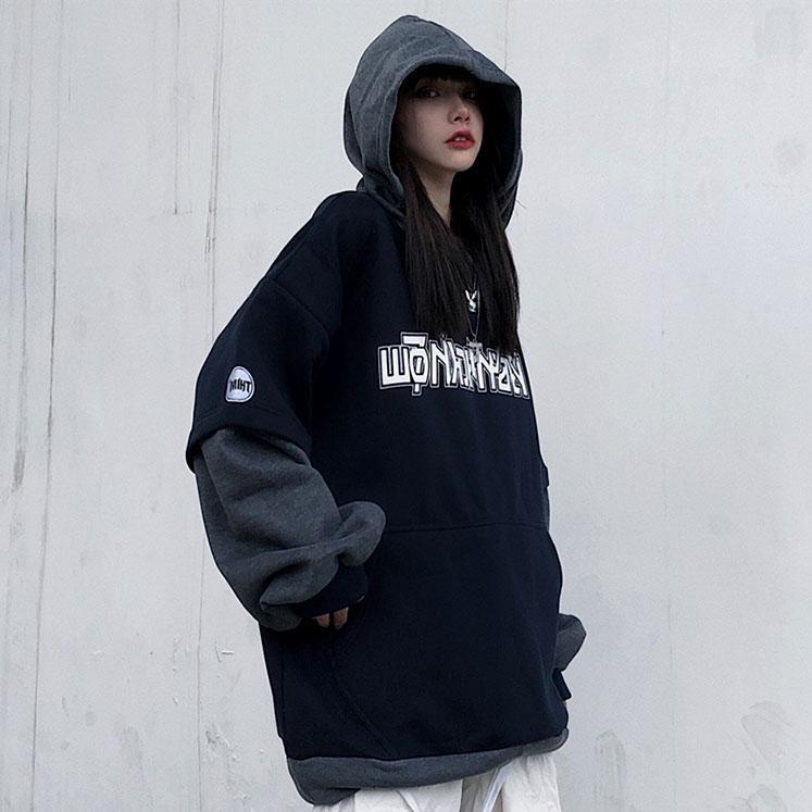 M ~ 4XL Y2K Топ женские толстовки с принтом готические темные толстовки свободный искусственный свитер из двух частей женский осенне-зимний плюс бархатная толстая куртка с капюшоном