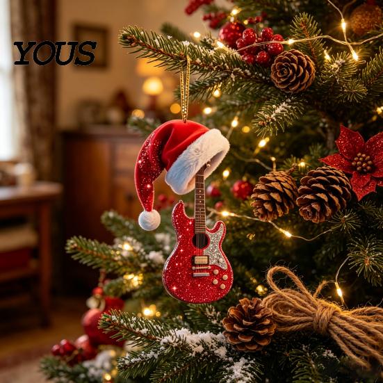 Рождественский ornament 'Красная гитара' для елки, 2D плоский акриловый кулон с уникальным подарком 'Шапка Санты', Декор для кантри-музыки, для музыкантов