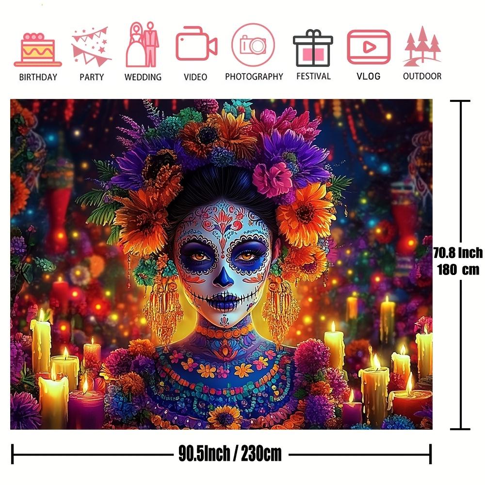 A vivid polyester sugar skull, a wall decoration for the Mexican Day of the Dead festival, suitable for various celebrations