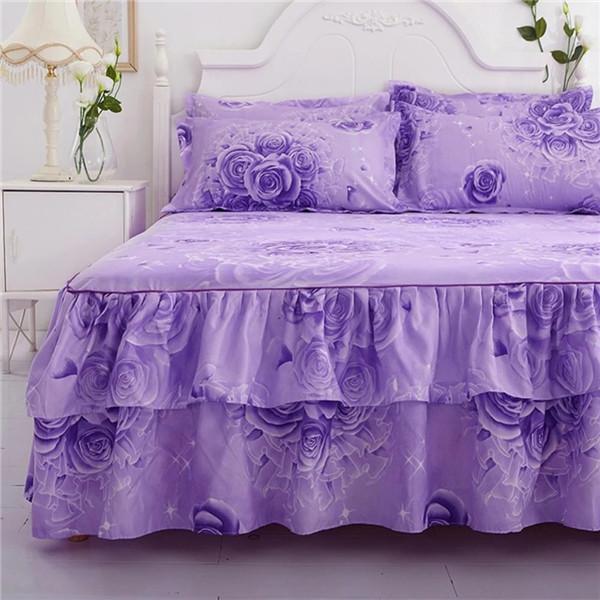 Floral Printed Bedspread Bedskirts Set 3PCS Bed Fitted Sheet With 2 Pillowcases Soft Breathable Bed Mattress Cover Protector Mat